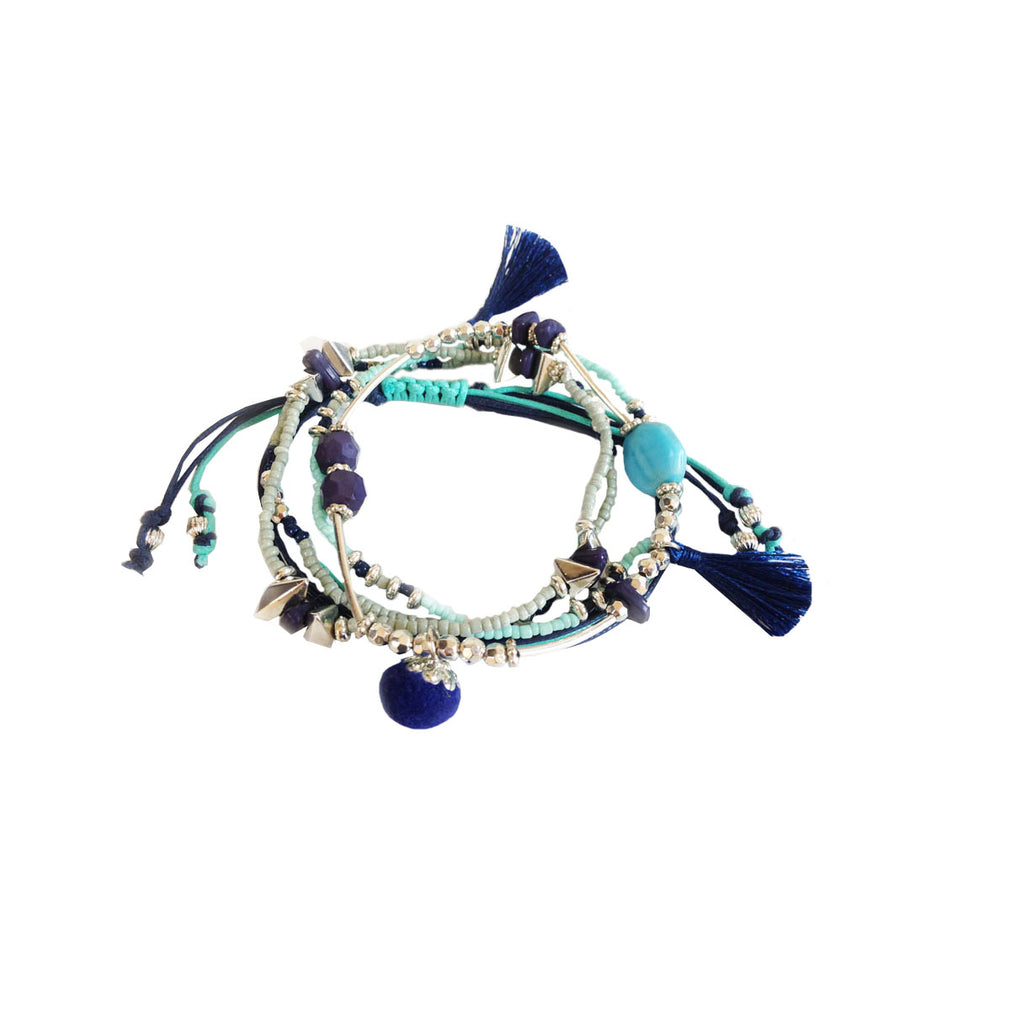 Blue bracelets with tassels and beaded pendants