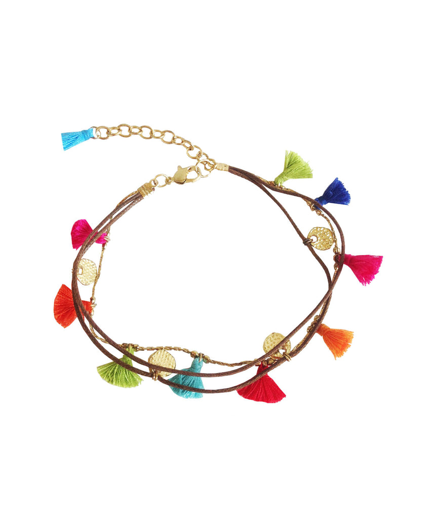 Bracelet with multicoloured tassels and coin pendants