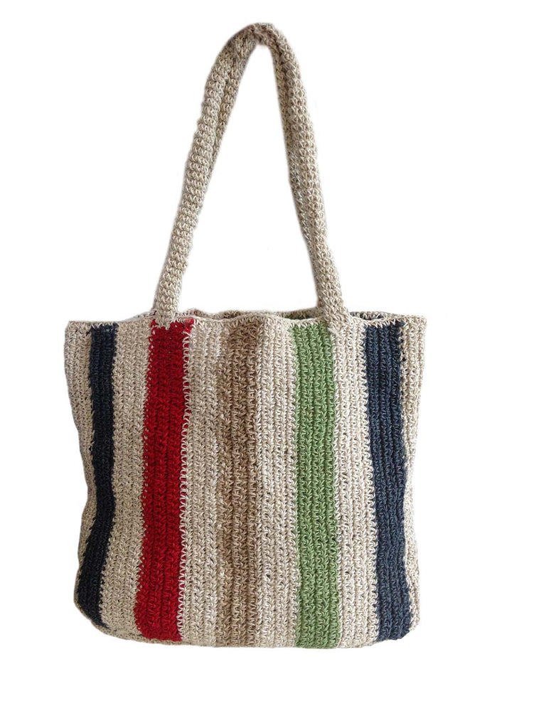 Woven tote bag with multicoloured vertical stripes