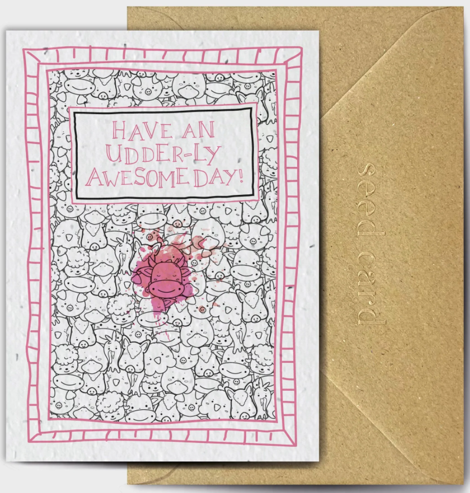 Cows and other farm animals in the centre of the card, surrounded by a pink border