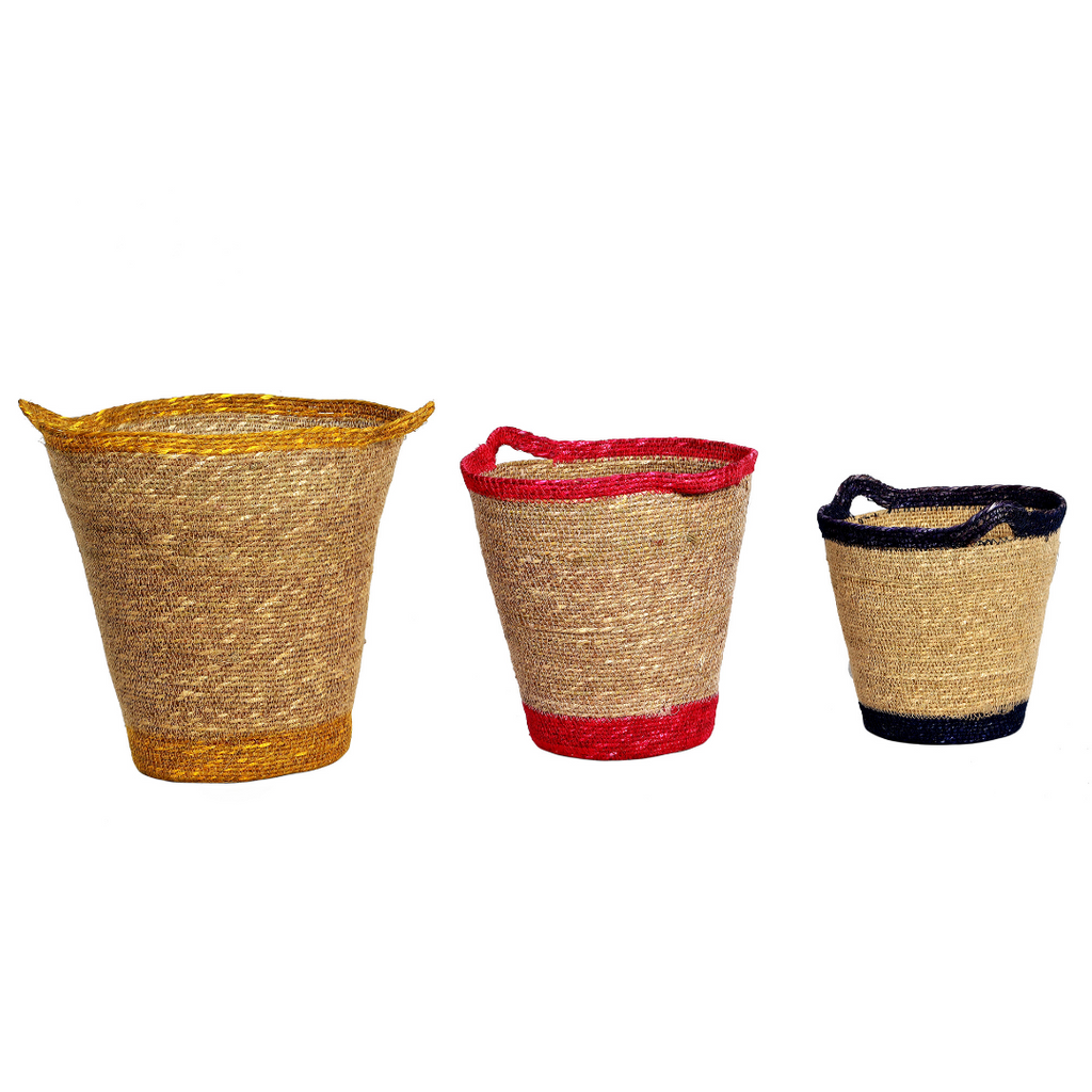 Set of 3 Rattan Baskets with coloured trims